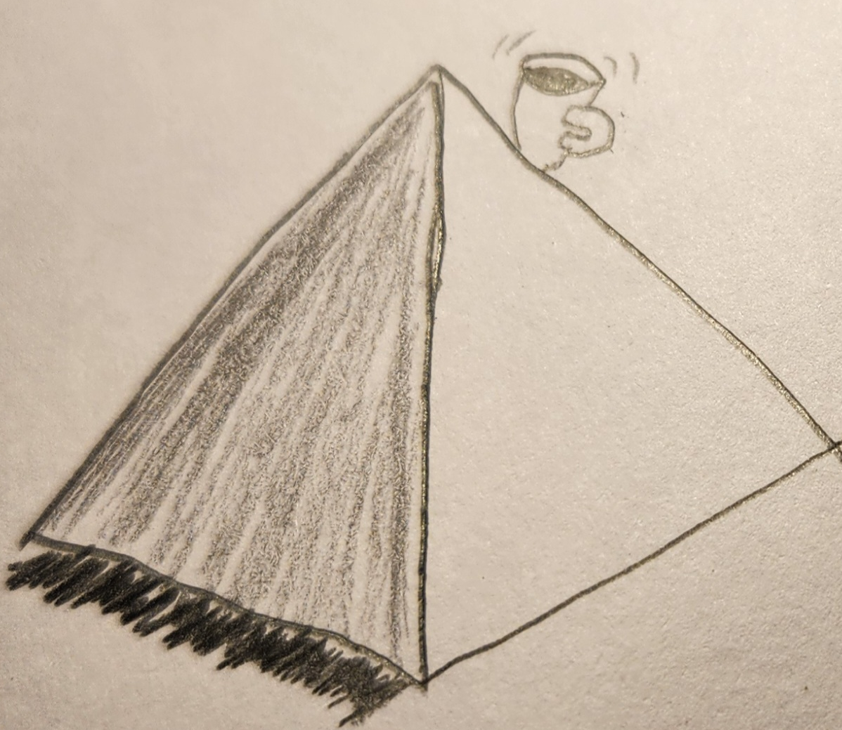 A pencil drawing of a coffee mug teetering on the edge of a small pyramid