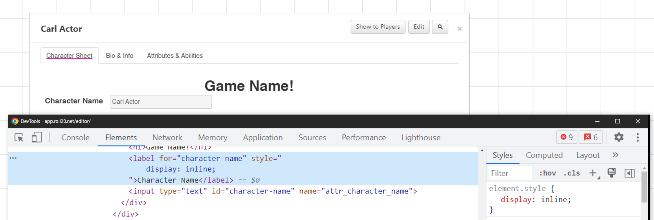 The ELement Inspector with character name inline with its input