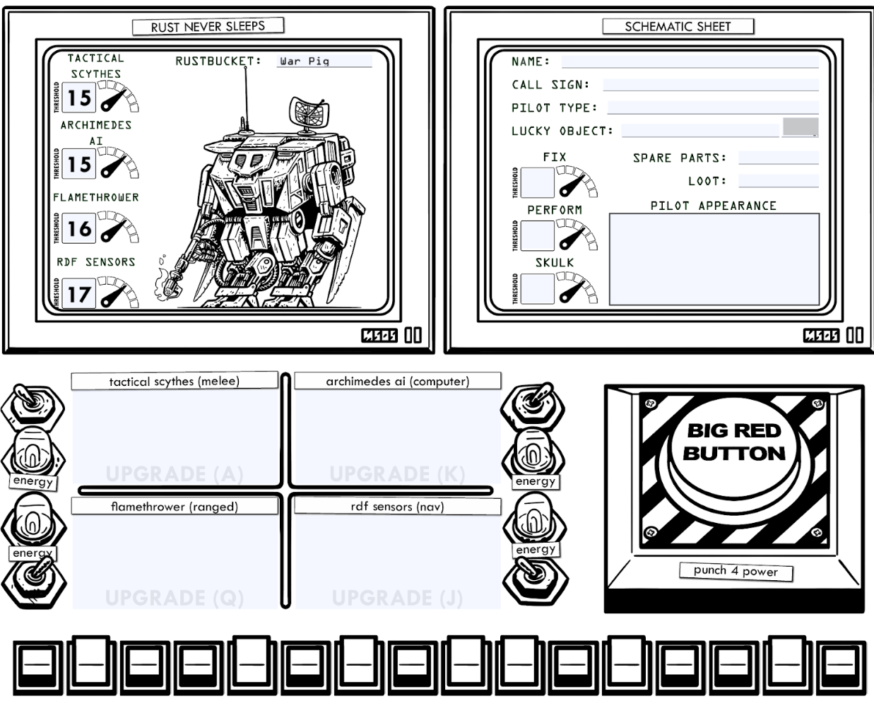 A character sheet of a mech, complete with skeuomorphic switches and bulbs, and a big button labeled "Big Red Button"