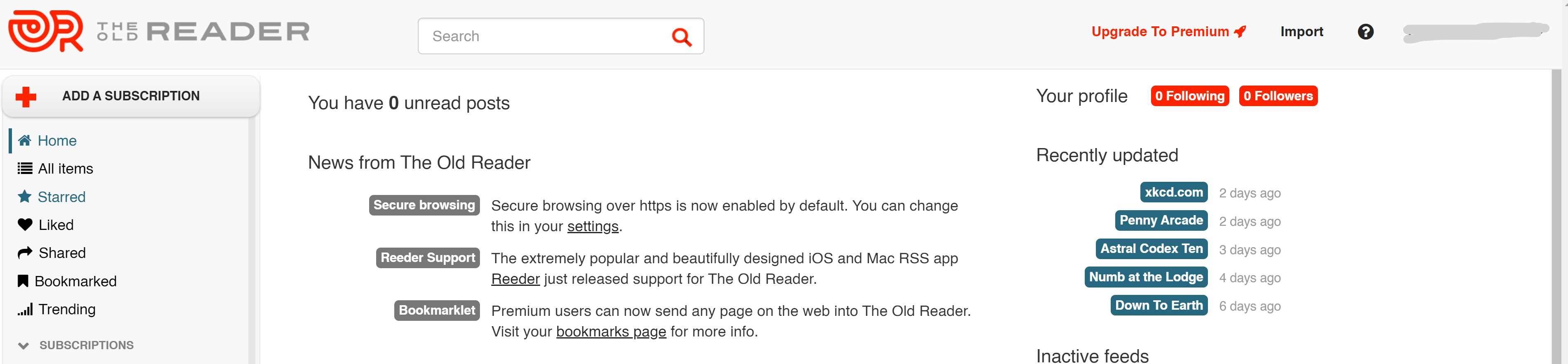 The Old Reader RSS Reader homepage