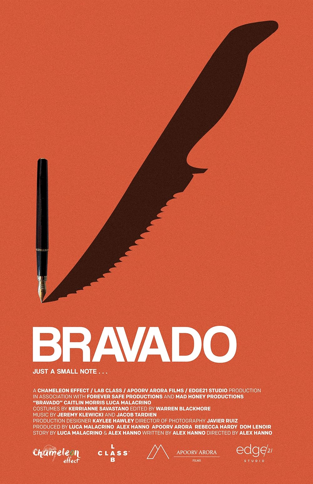 Bravado poster, a pen with a shadow of a knife on a simple orange background
