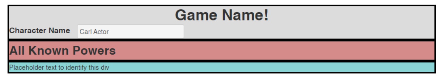 Our character sheet, with three colorful bands