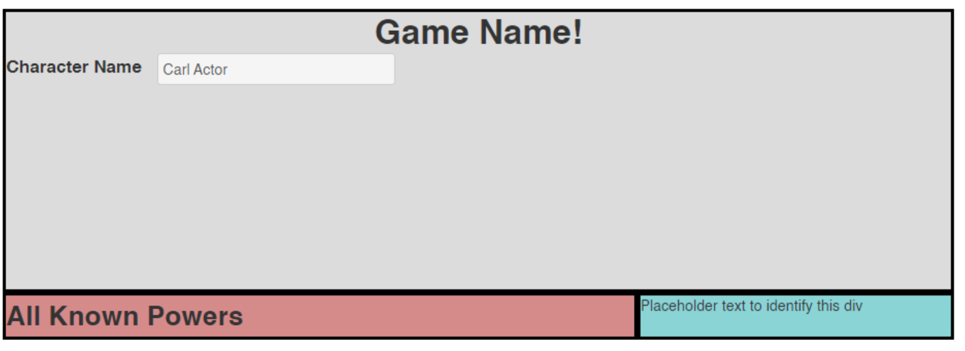 Our character sheet, with grid sections