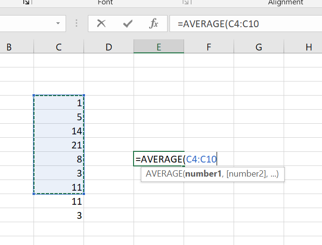 Dragging over a range fills in the formula reference.