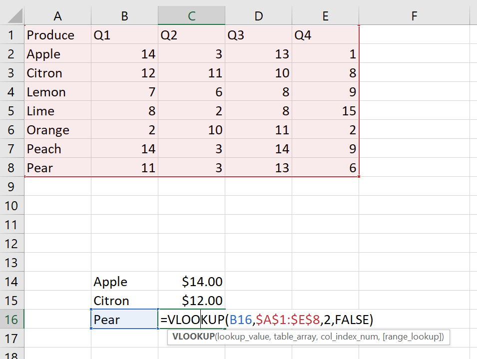 A correctly referenced VLookup range