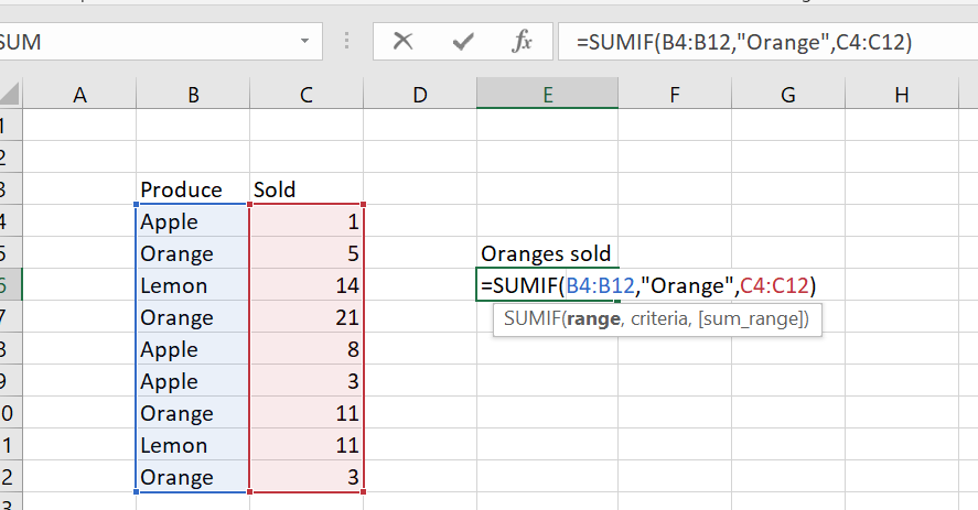Cells showing a color-coded sumif formula. The answer is 40.