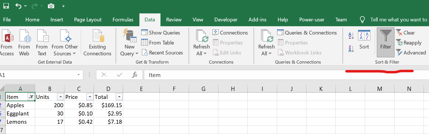 The Sort and Filter section of the data tab