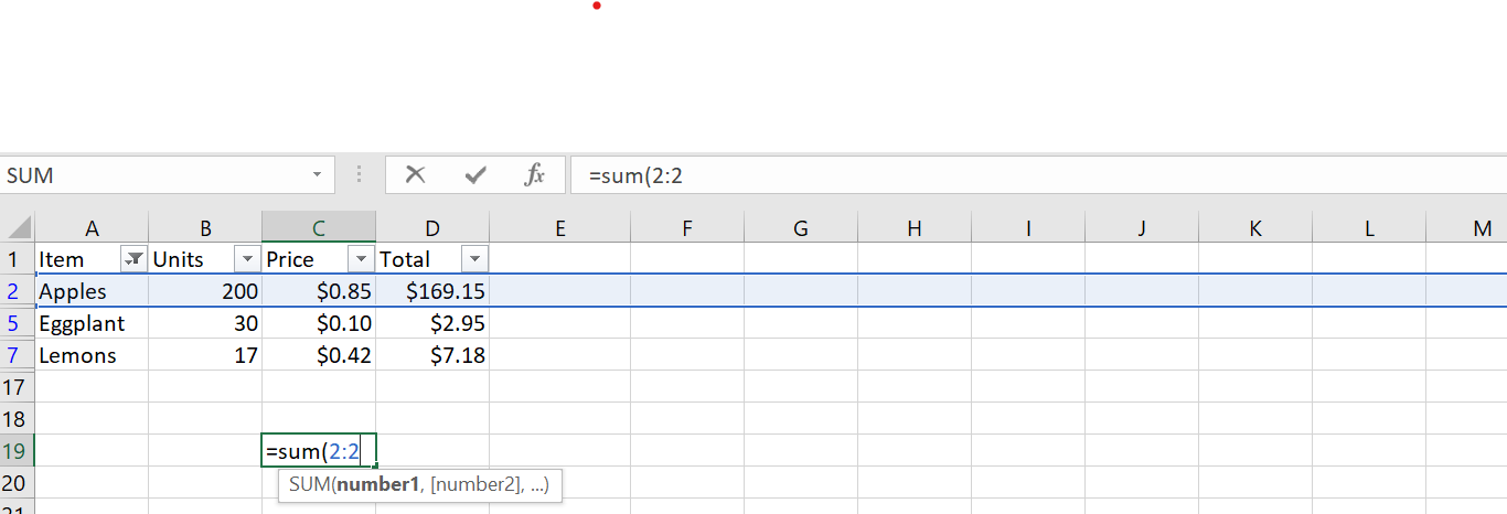 A formula showing the sum of everything in the second row.