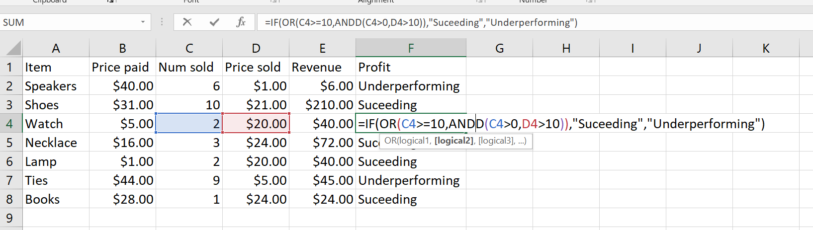A spreadsheet showing the formula listed above