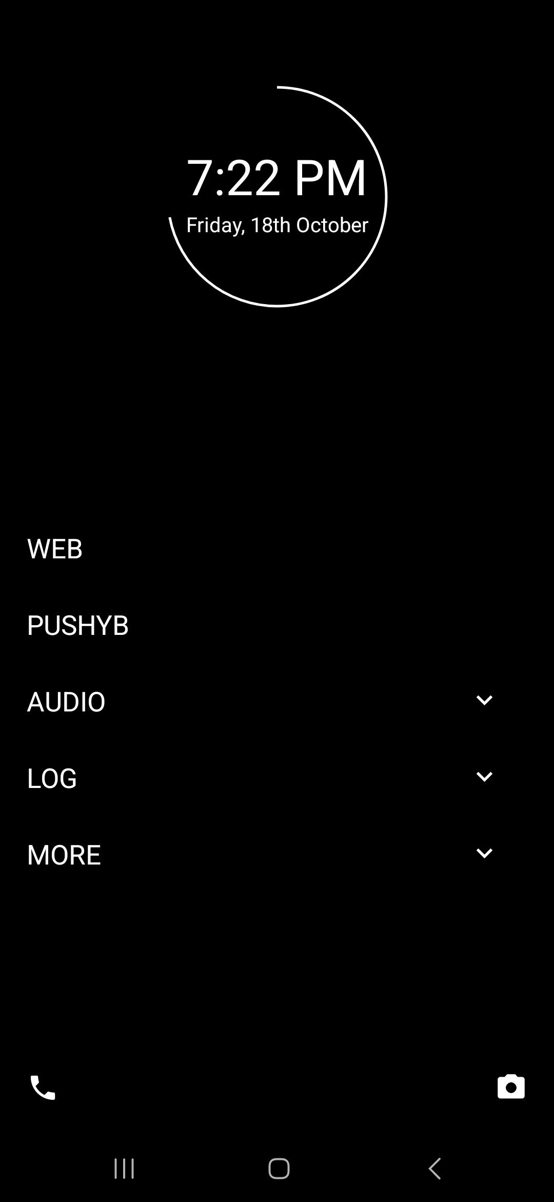 Minimalistic phone screen with labels instead of apps. They read Web, Pushyb, Audio, Log, More