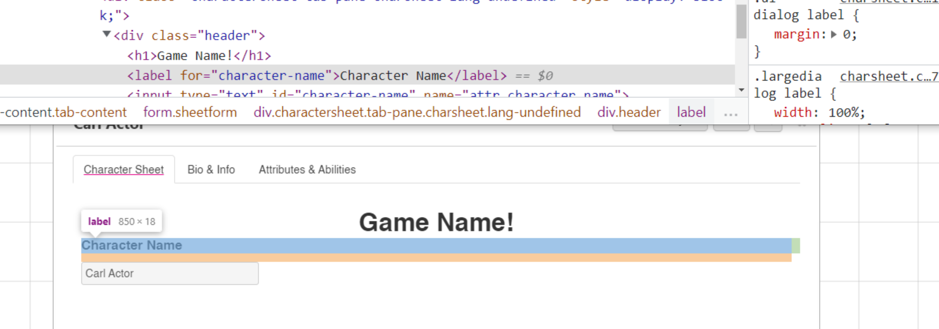 The ELement Inspector for the label