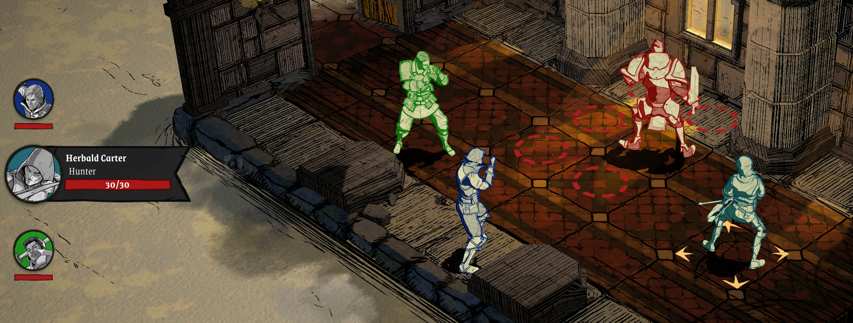 3 blue party members fighting a red enemy