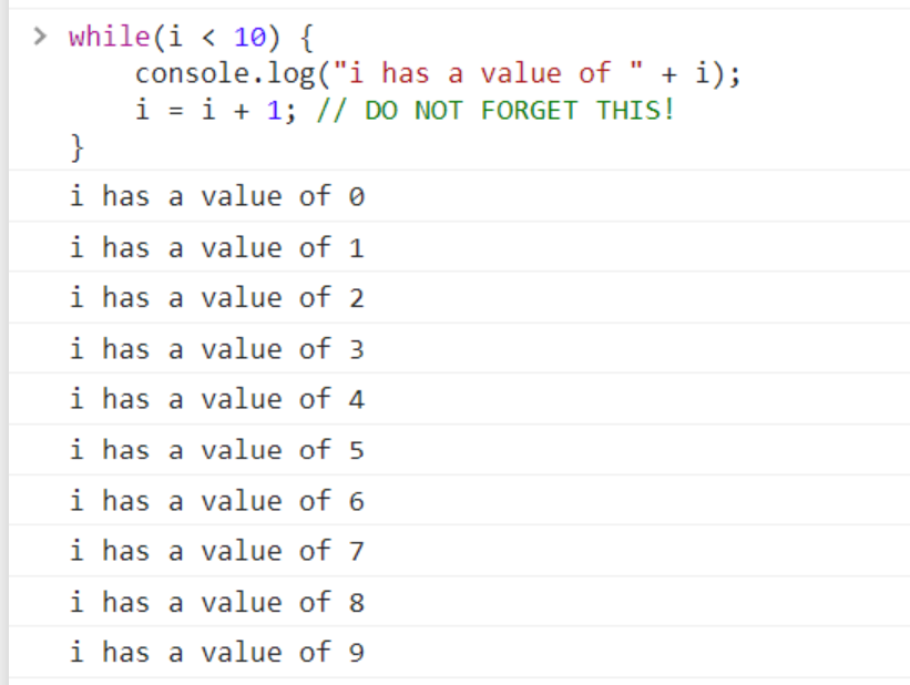 The results of the above while loop