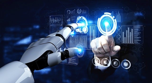 A robotic hand pushing buttons on a sci-fi interface